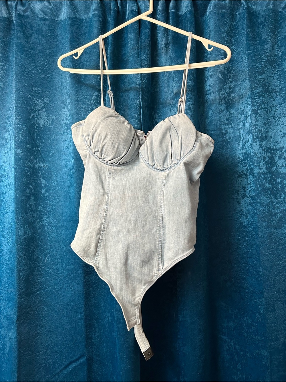 Light Blue Denim Bodysuit with Cups and Adjustable Straps